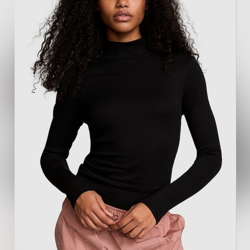 VS Pink Multi Rib Mock Neck Long Sleeve Tee Black Essential Layering Top Sz XXL